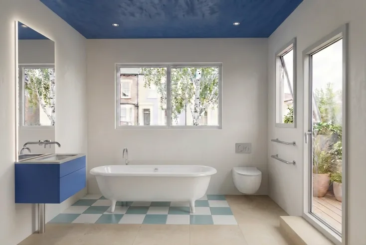 Bathroom with blue tiled floor and timber vanity